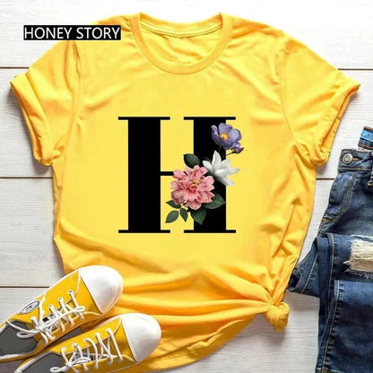 Floral Letter Print Casual T-Shirt – Short Sleeve