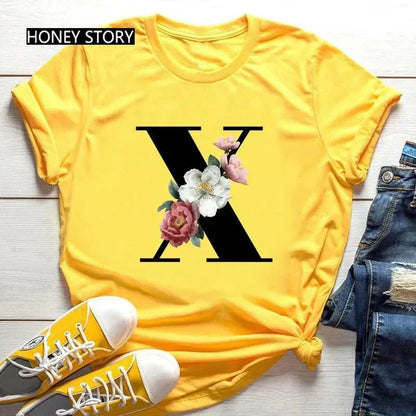 Floral Letter Print Casual T-Shirt – Short Sleeve