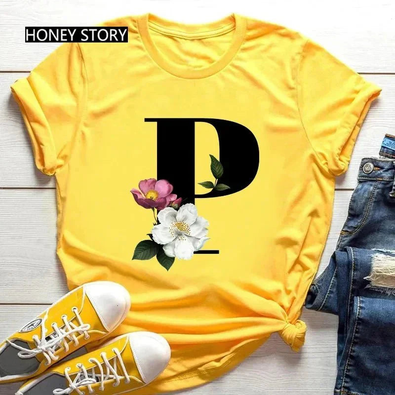 Floral Letter Print Casual T-Shirt – Short Sleeve