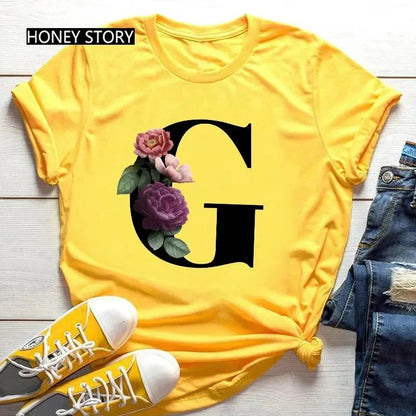 Floral Letter Print Casual T-Shirt – Short Sleeve