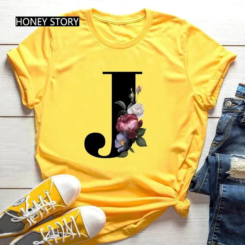 Floral Letter Print Casual T-Shirt – Short Sleeve