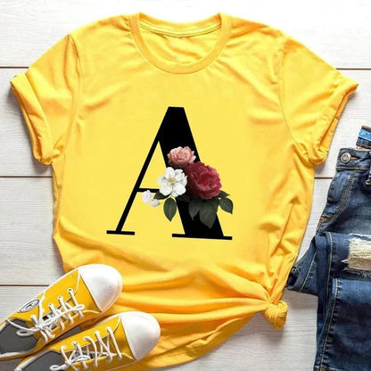 Floral Letter Print Casual T-Shirt – Short Sleeve