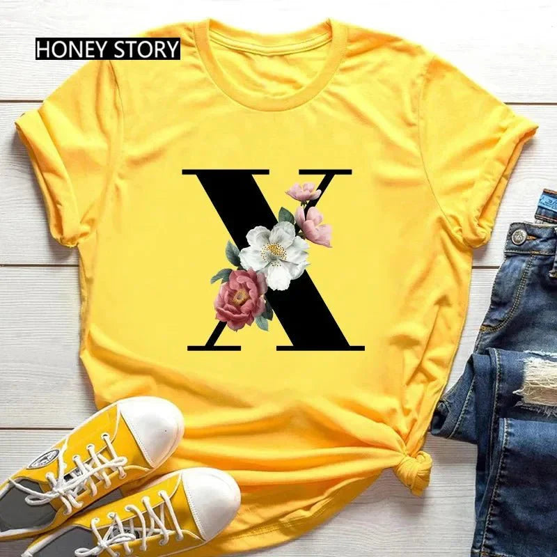 Floral Letter Print Casual T-Shirt – Short Sleeve