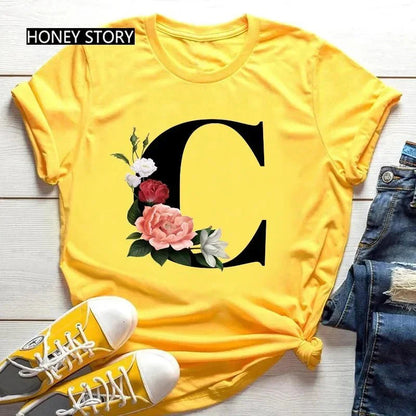 Floral Letter Print Casual T-Shirt – Short Sleeve