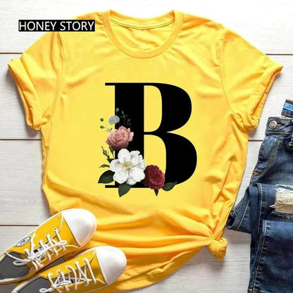 Floral Letter Print Casual T-Shirt – Short Sleeve