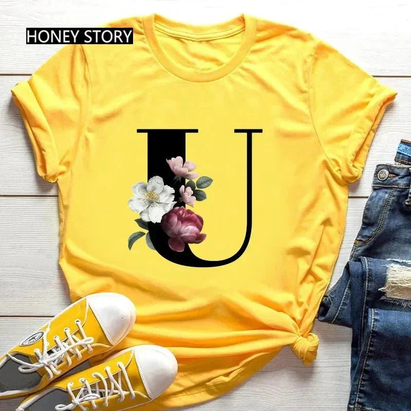 Floral Letter Print Casual T-Shirt – Short Sleeve
