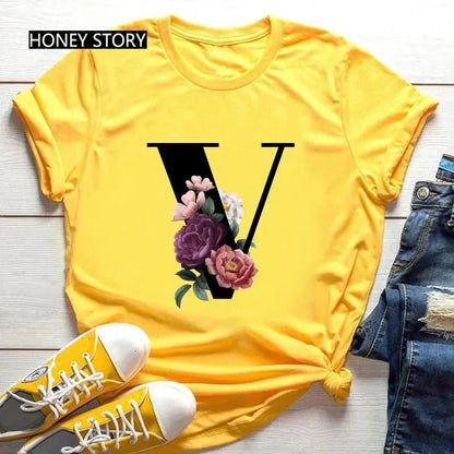 Floral Letter Print Casual T-Shirt – Short Sleeve