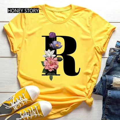 Floral Letter Print Casual T-Shirt – Short Sleeve