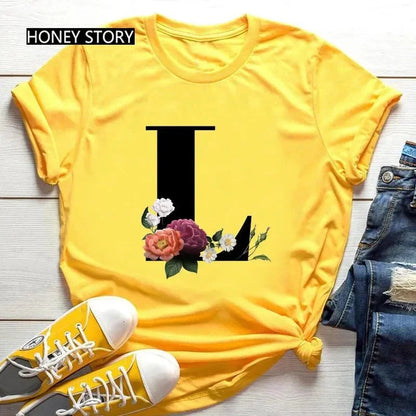 Floral Letter Print Casual T-Shirt – Short Sleeve