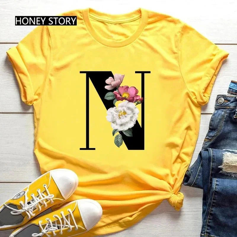 Floral Letter Print Casual T-Shirt – Short Sleeve