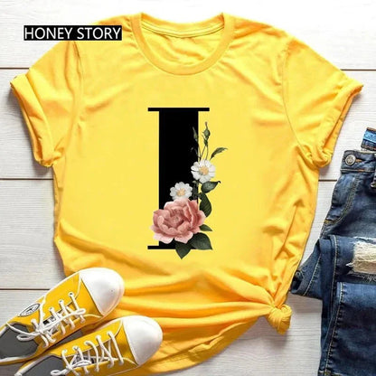 Floral Letter Print Casual T-Shirt – Short Sleeve