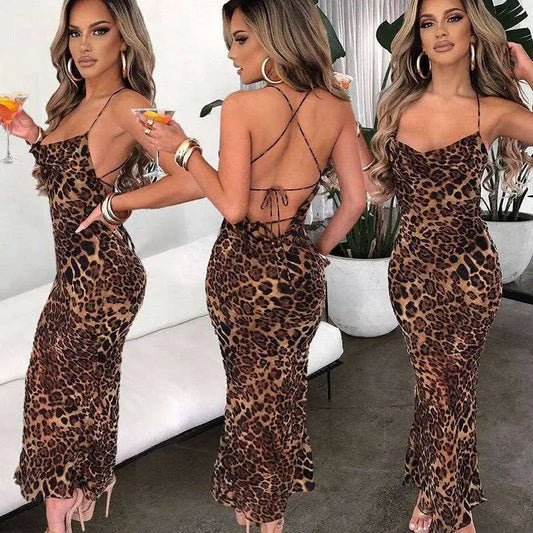 Leopard Printed Lace Up Slim Fit Long Dress