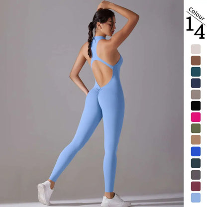 Light Blue Long Pants Jumpsuit Yoga Fitness Slim Bodysuit