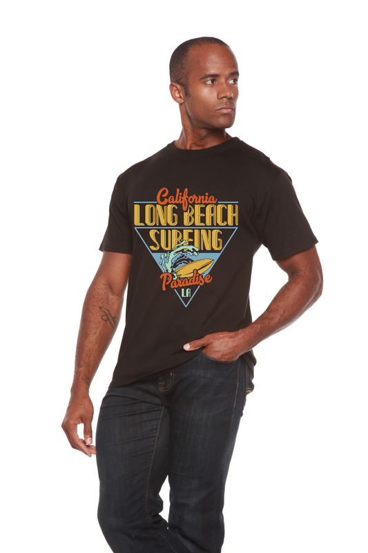 T-shirt graphique à manches courtes en viscose de bambou et coton biologique pour homme imprimé "Long Beach Surfing"