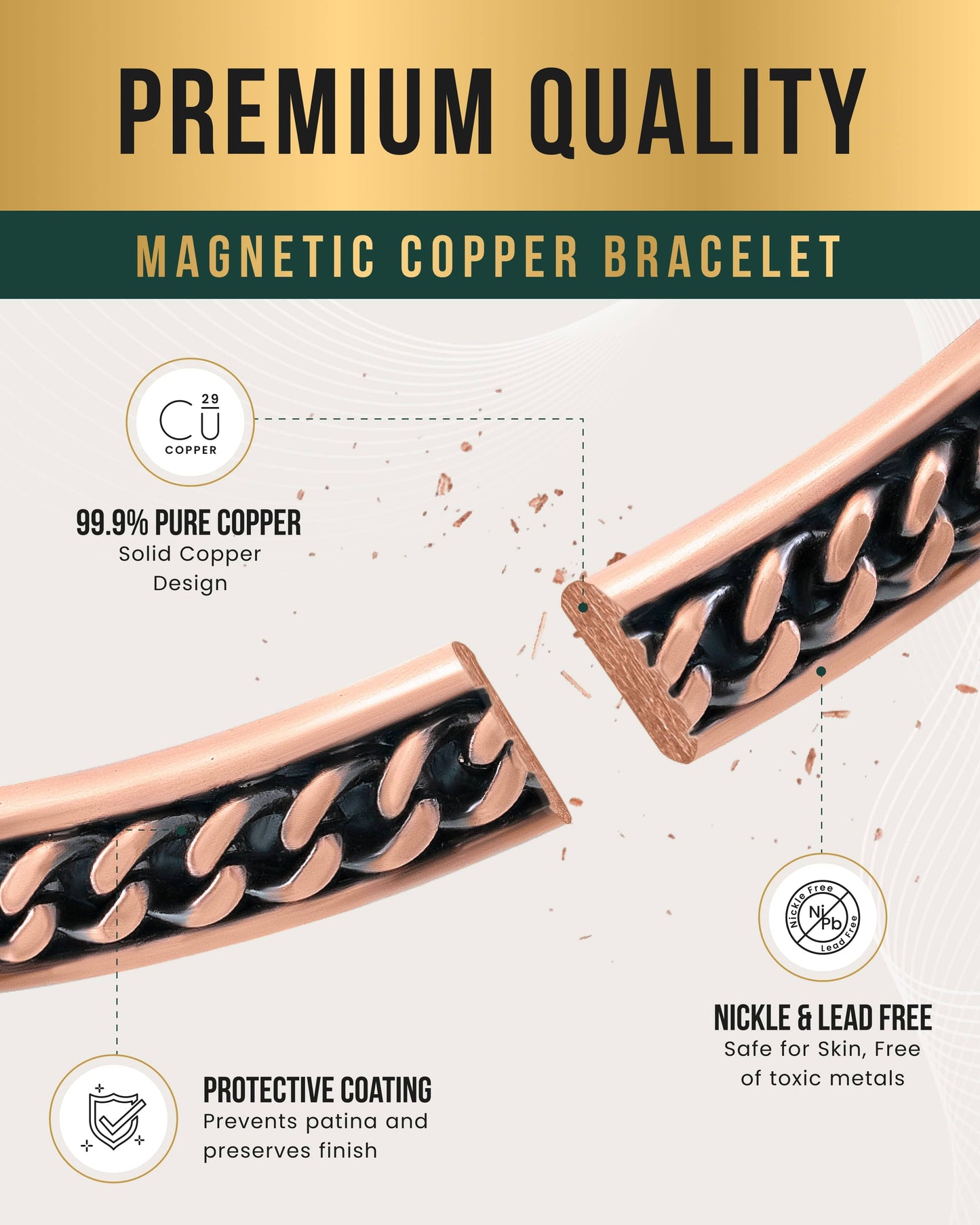 Curb Chain Inlay Copper Cuff Magnetic Therapy Bracelet for Men & Women