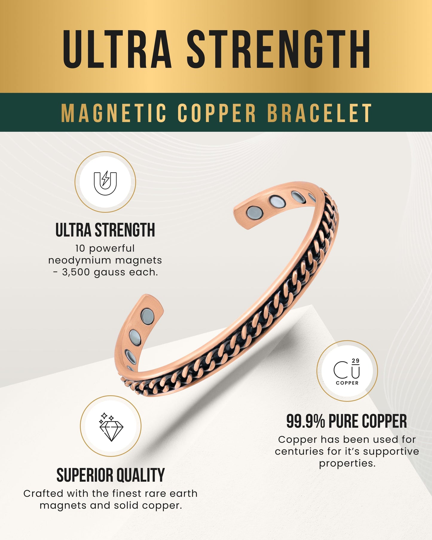 Curb Chain Inlay Copper Cuff Magnetic Therapy Bracelet for Men & Women
