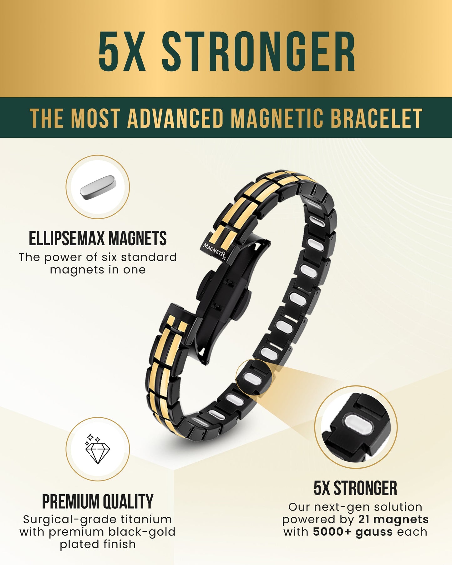 Bracelet magnétique EllipseMAX pour femme (noir et or)