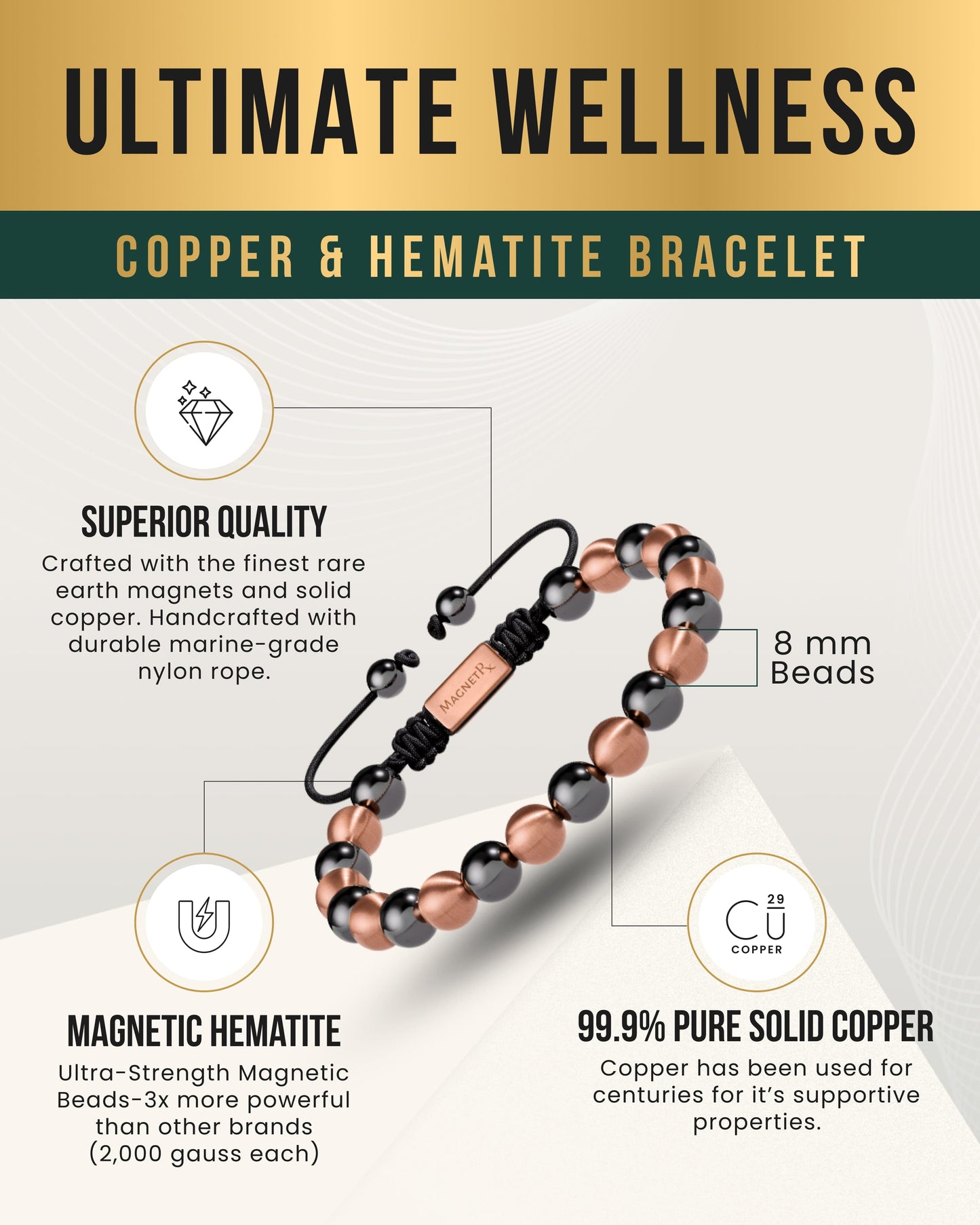 MAX Strength Magnetic Hematite & Copper Bracelet (Single Row)