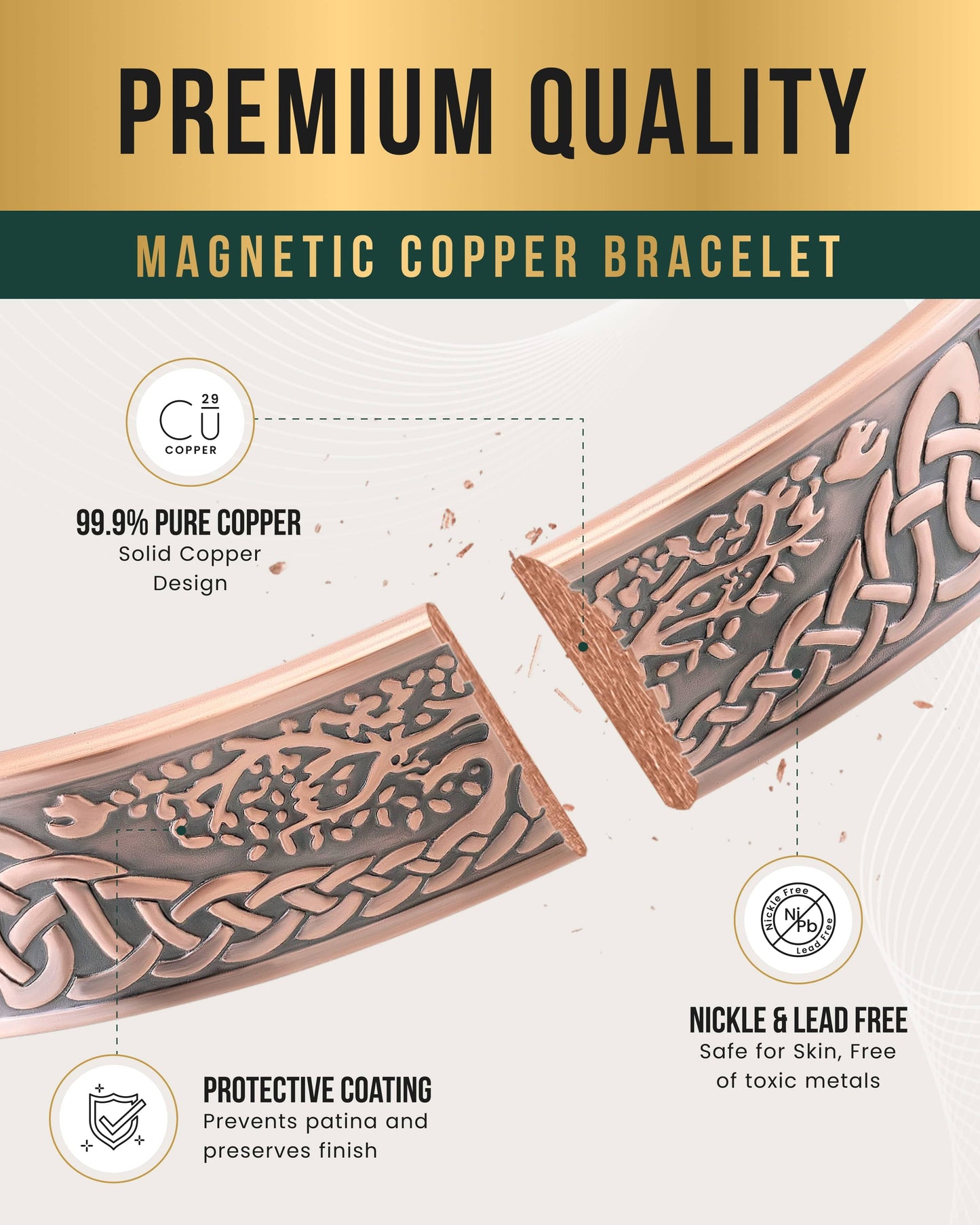 Stamped Irish Tree Magnetic Copper Bracelet Cuff for Men
