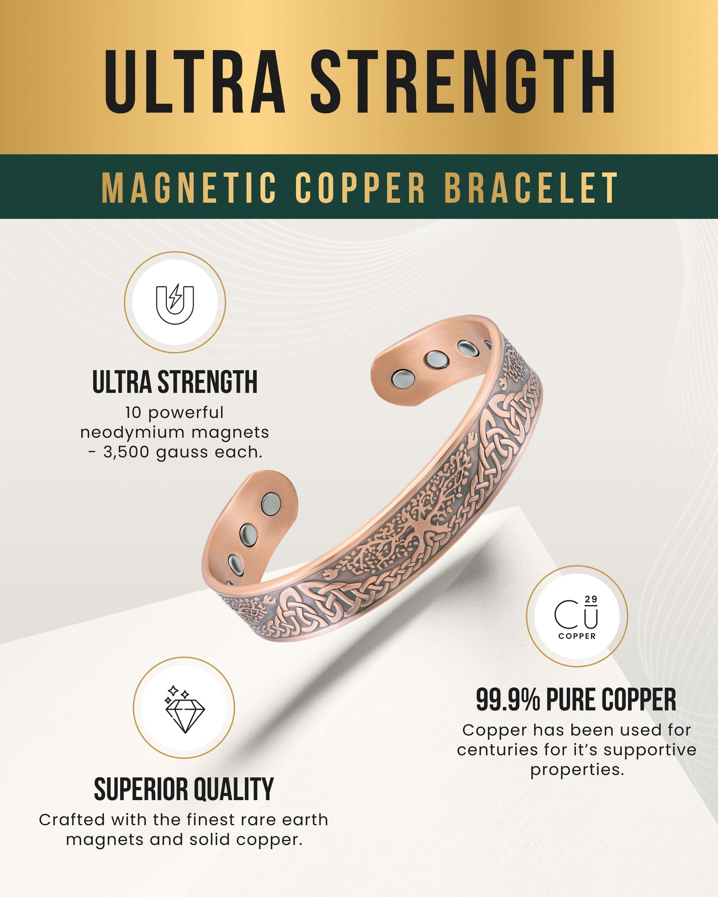 Stamped Irish Tree Magnetic Copper Bracelet Cuff for Men