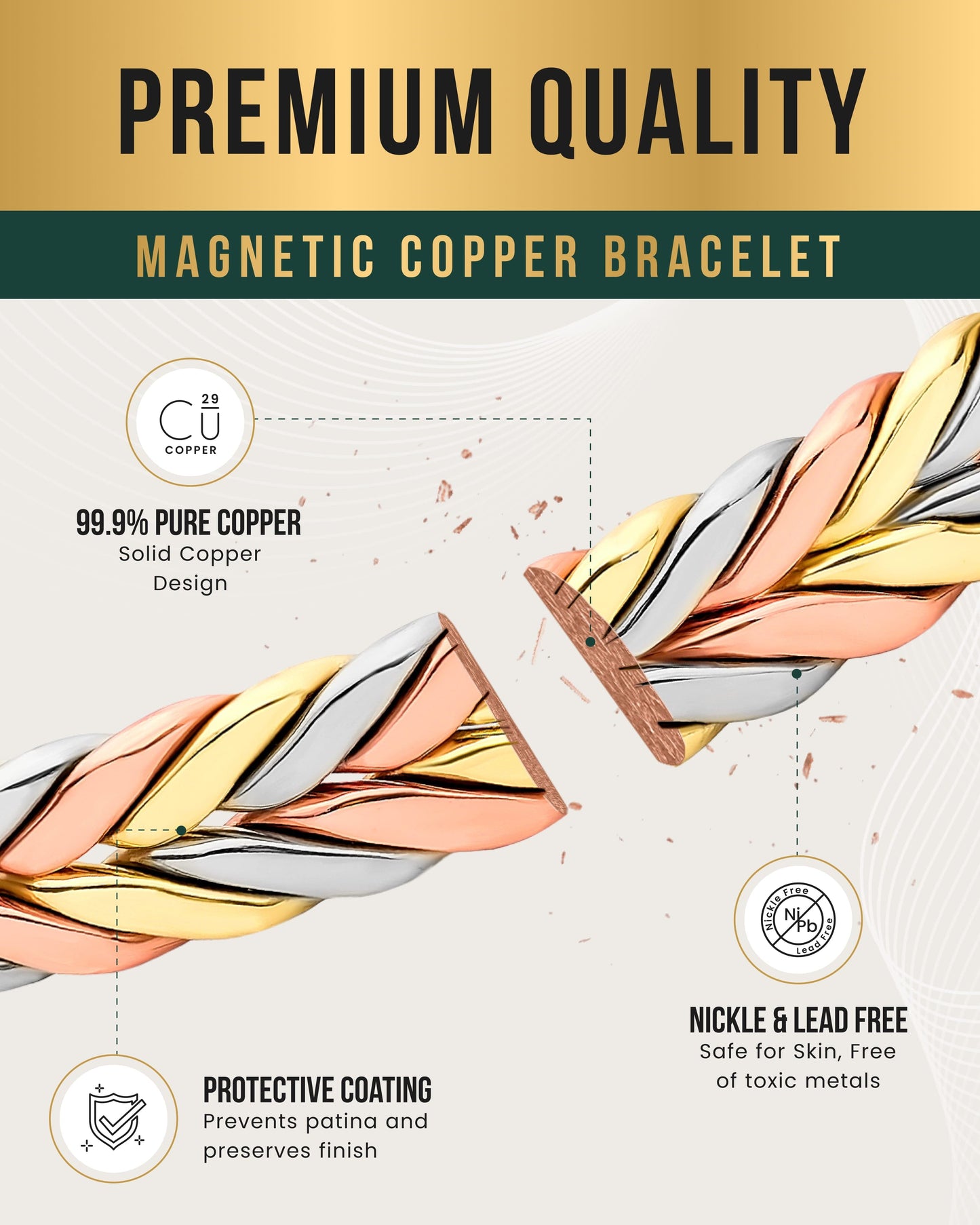 Woven Tri-Tone Magnetic Therapy Bracelet Cuff