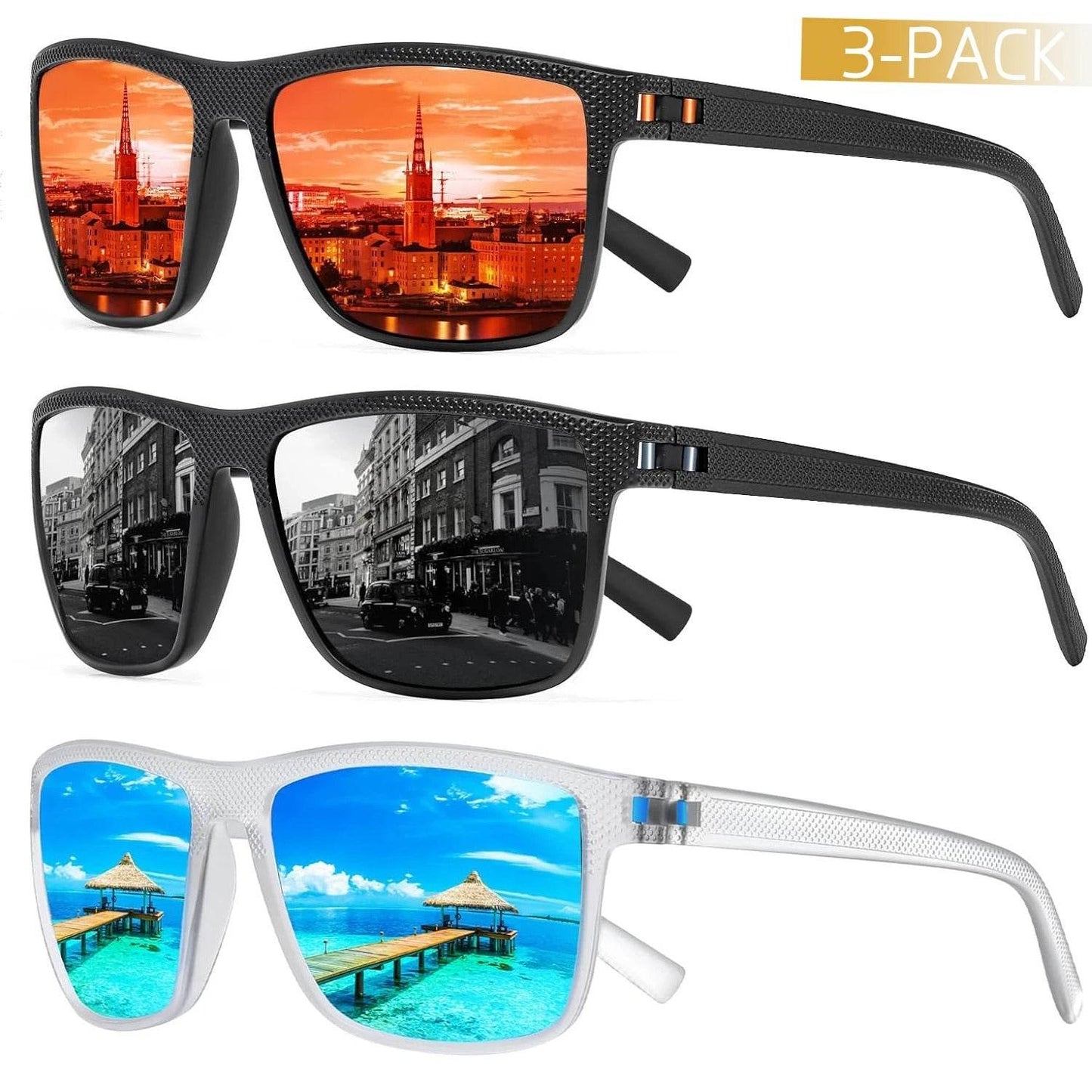 Lot de 3 paires de lunettes de soleil polarisées – Protection UV400 anti-reflet pour hommes et femmes