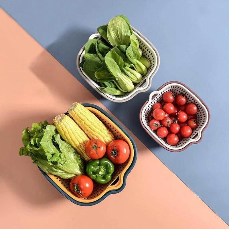 Double Layer Colander & Strainer Basket – Reusable Plastic Drain Basket for Kitchen, Fruits & Vegetables