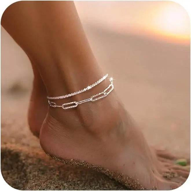 Dainty Layered Waterproof Anklet for Women - Adjustable Cross Pendant Sparkling Beach Jewelry