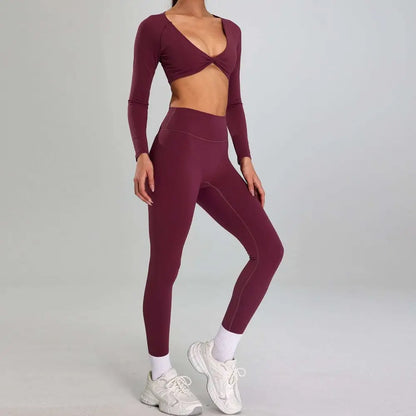 Maroon High Waist Suit Outdoor Running Nude Set