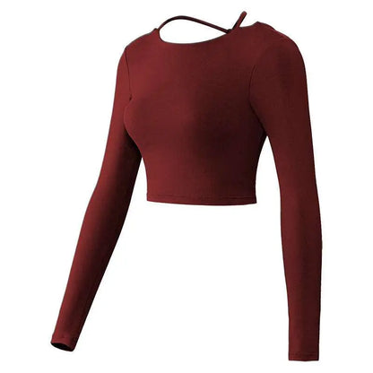 Mauve Crisscross Strap Long Sleeve Yoga Crop Top