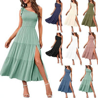 Mint Green Pleated Layered Hem Split Dress