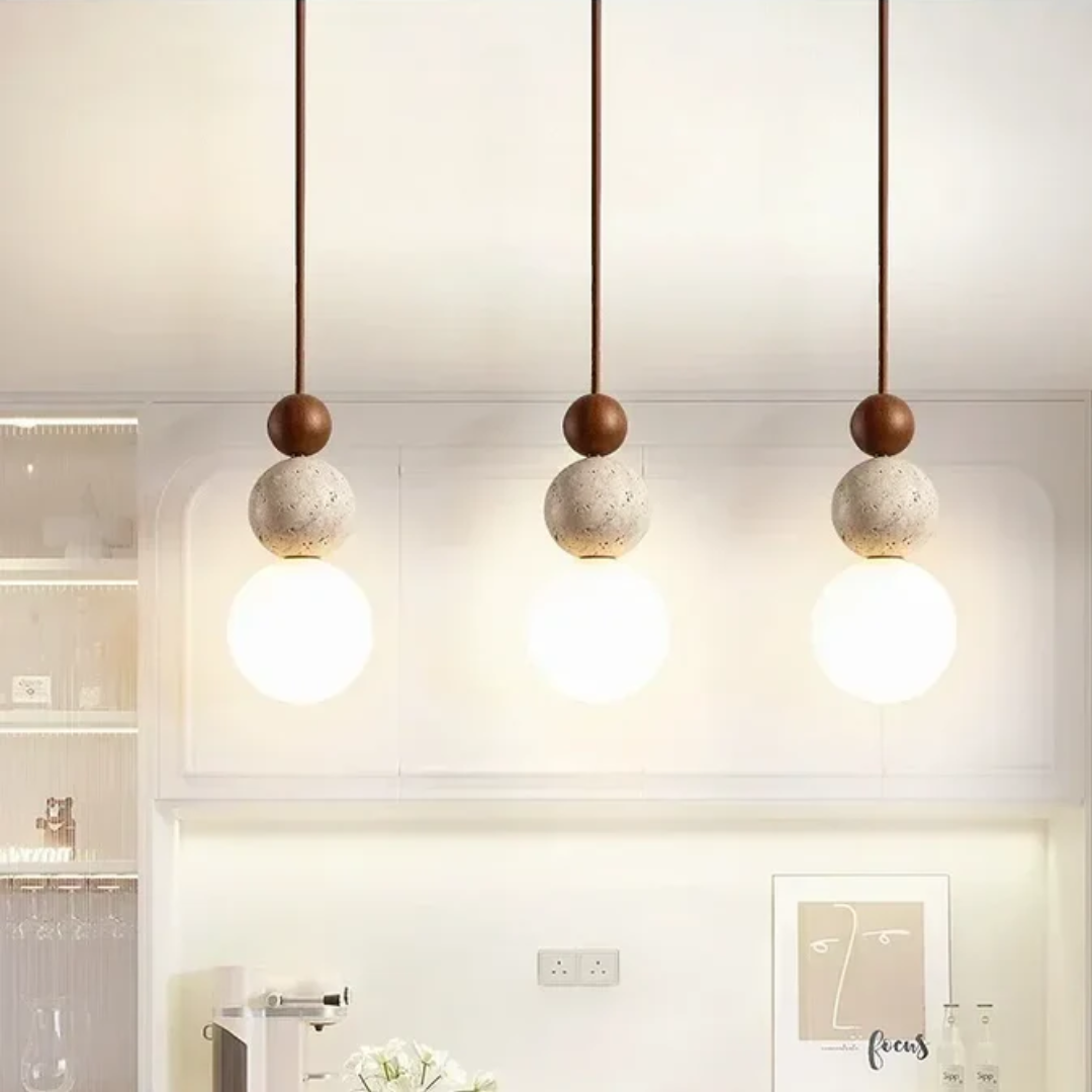 Travertine Wood Pendant Light G9 Modern Natural Ceiling Lamp 23cm