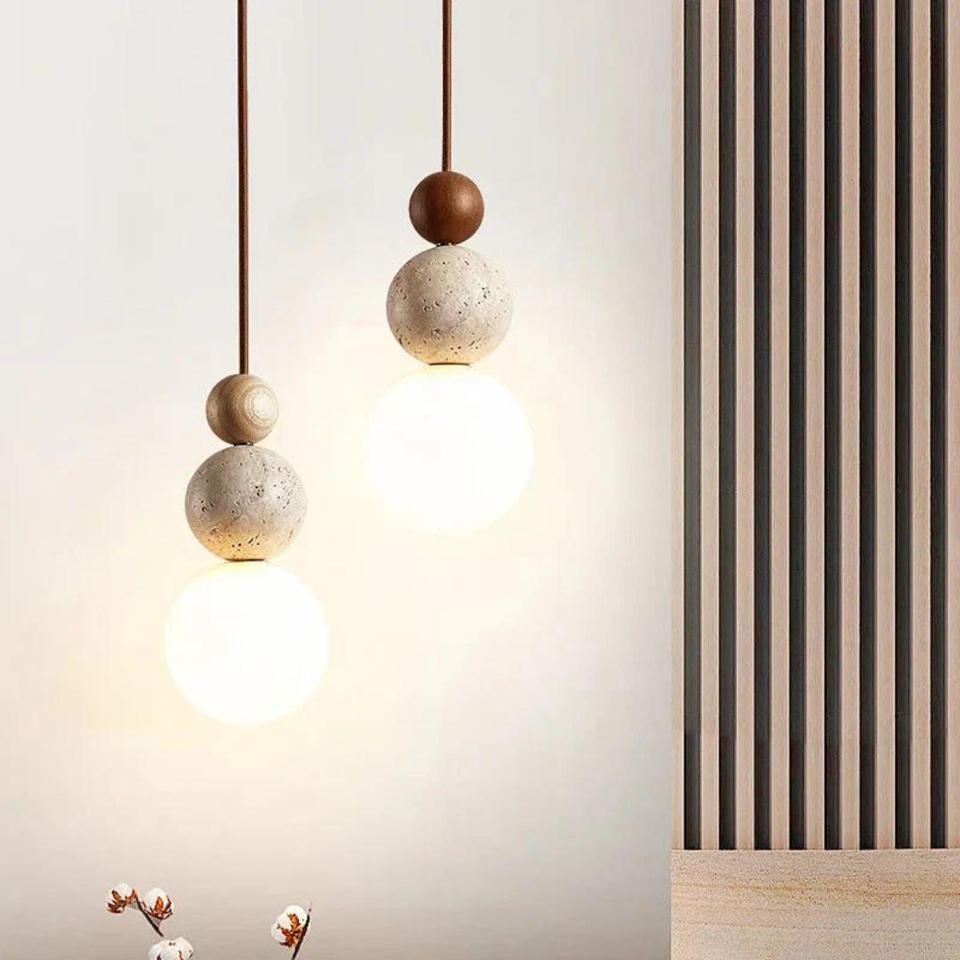 Travertine Wood Pendant Light G9 Modern Natural Ceiling Lamp 23cm