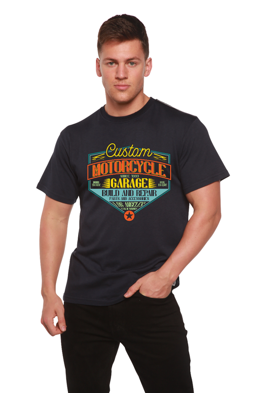 Camiseta gráfica de manga corta de viscosa de bambú y algodón orgánico para hombre "Motorcycle Garage"