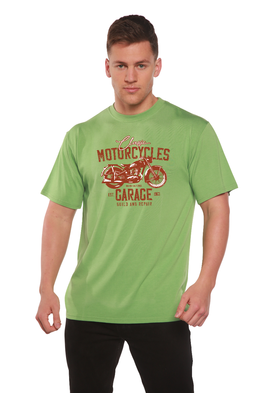 T-shirt graphique à manches courtes en viscose de bambou/coton biologique pour homme Motif Garage à motos