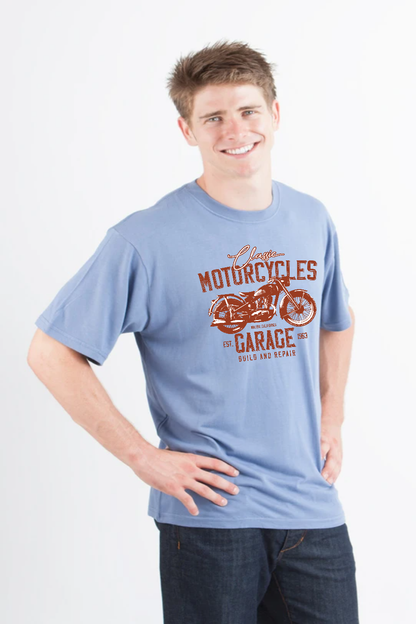 T-shirt graphique à manches courtes en viscose de bambou/coton biologique pour homme Motif Garage à motos