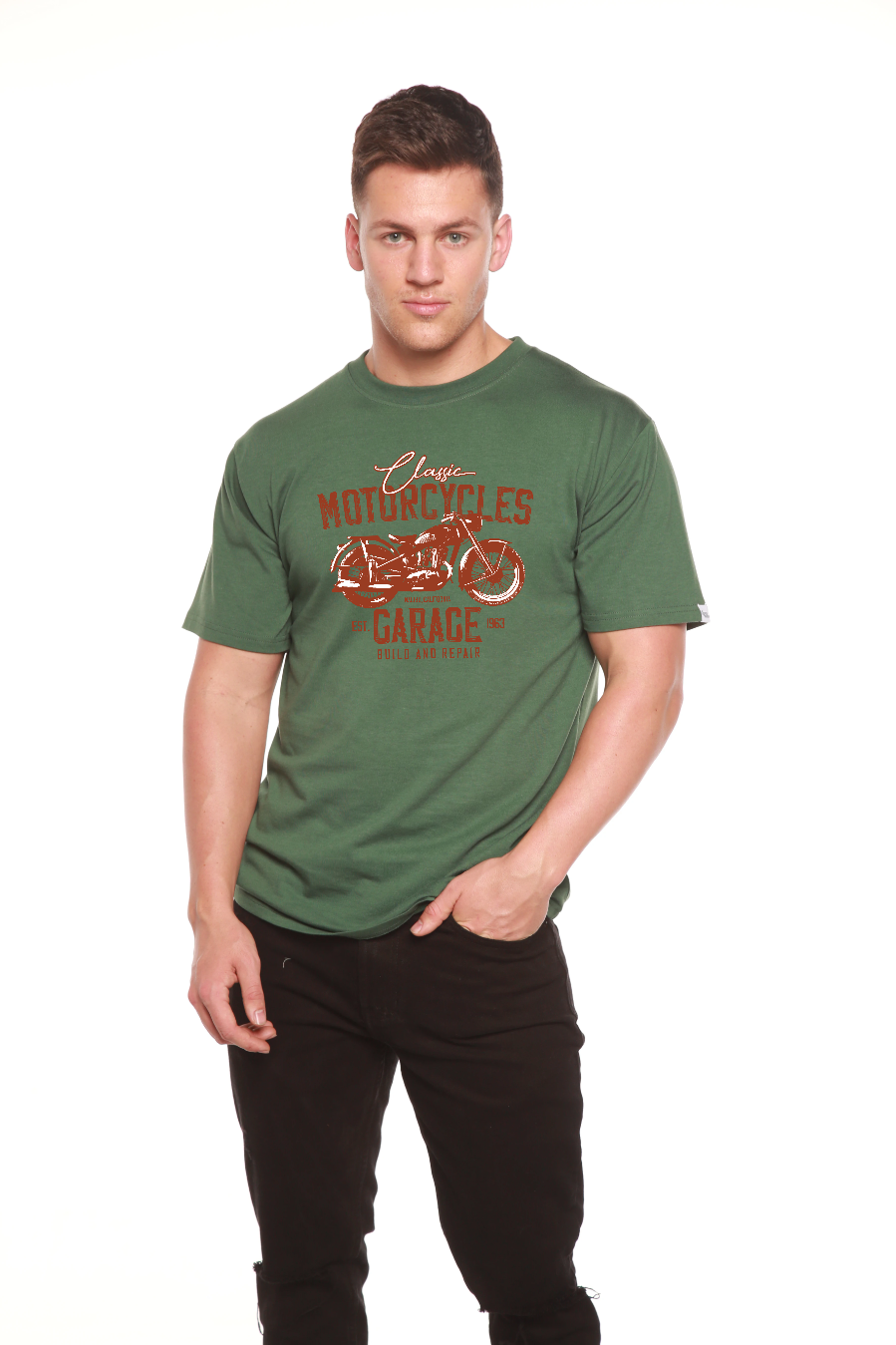 T-shirt graphique à manches courtes en viscose de bambou/coton biologique pour homme Motif Garage à motos