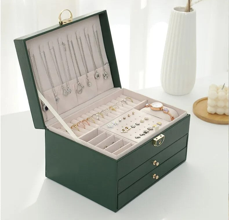 3 Layer Leather Jewelry Box Organizer Case with Compartments 23x17cm