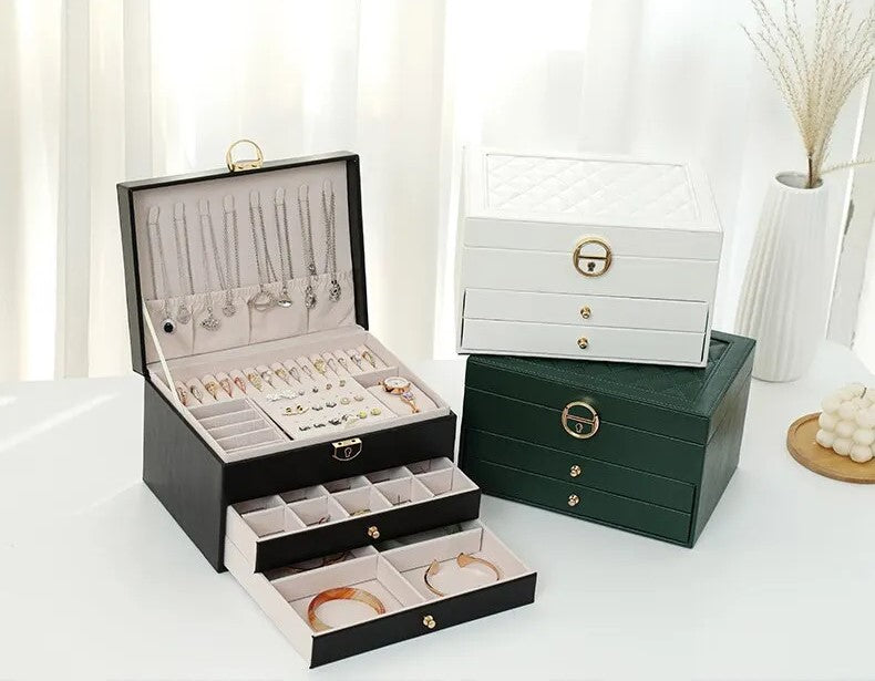 3 Layer Leather Jewelry Box Organizer Case with Compartments 23x17cm