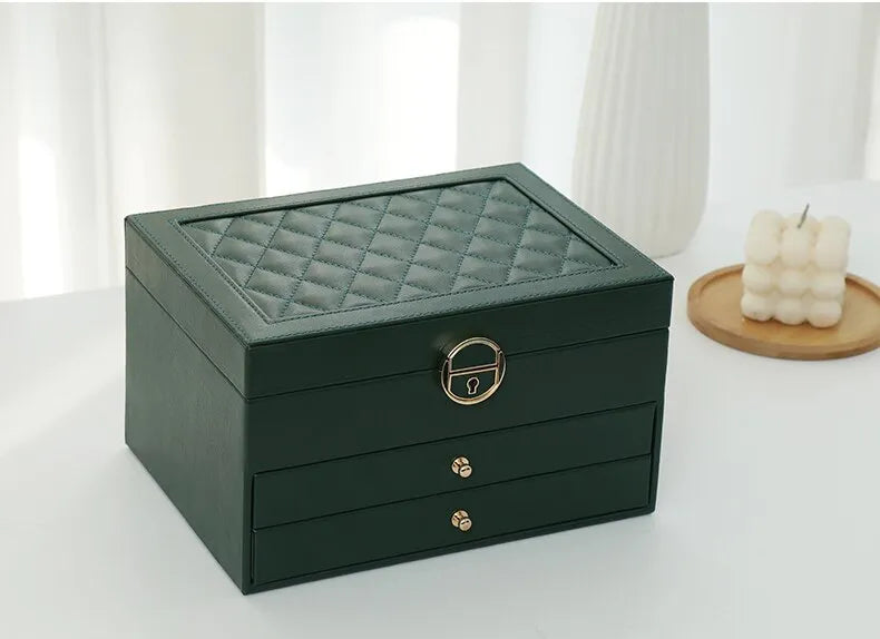 3 Layer Leather Jewelry Box Organizer Case with Compartments 23x17cm