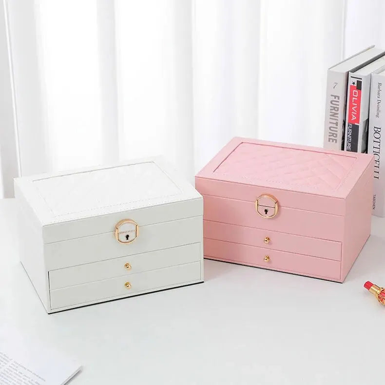 3 Layer Leather Jewelry Box Organizer Case with Compartments 23x17cm