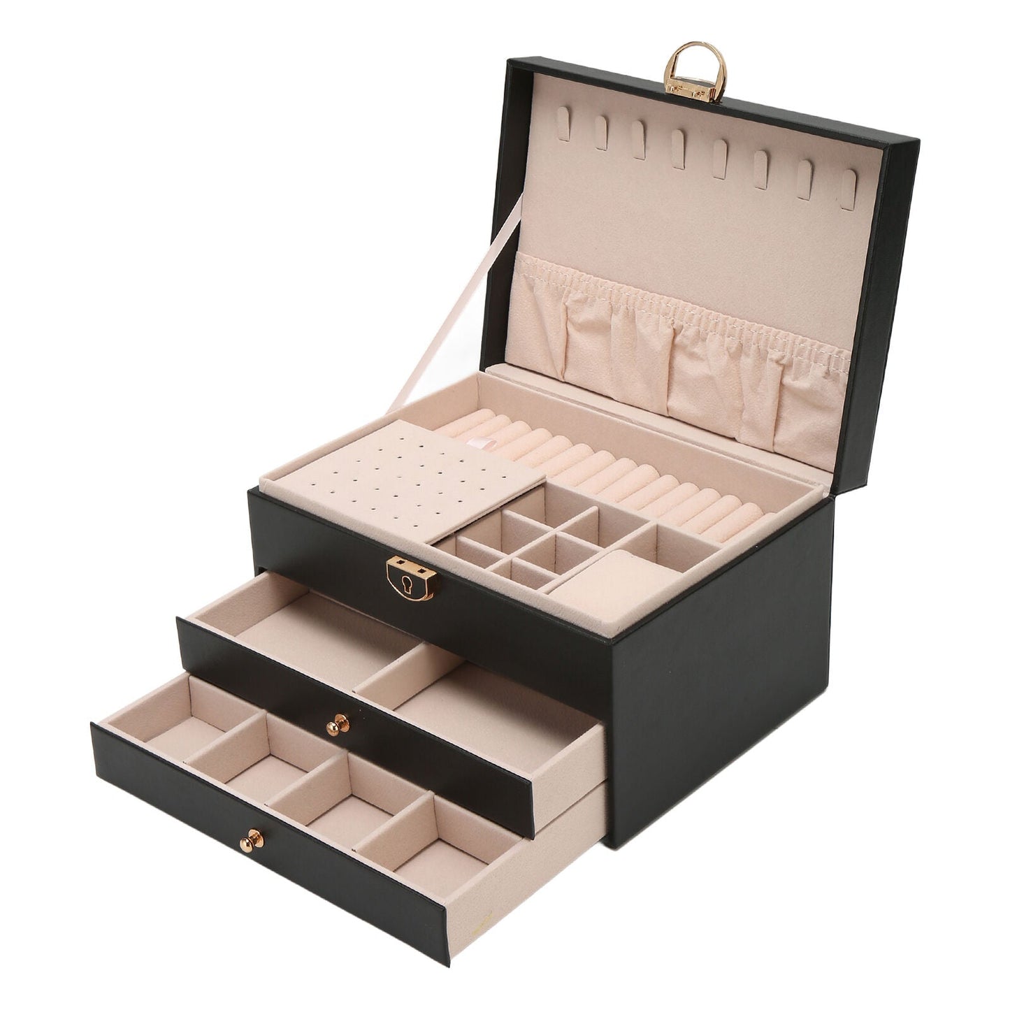 3 Layer Leather Jewelry Box Organizer Case with Compartments 23x17cm