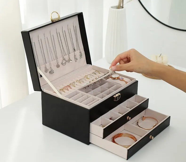 3 Layer Leather Jewelry Box Organizer Case with Compartments 23x17cm