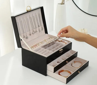 3 Layer Leather Jewelry Box Organizer Case with Compartments 23x17cm