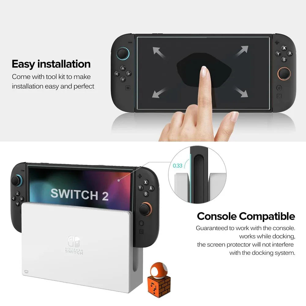 Nintendo Switch 2 Tempered Glass Screen Protector with Joystick Cap | Full Coverage Protection