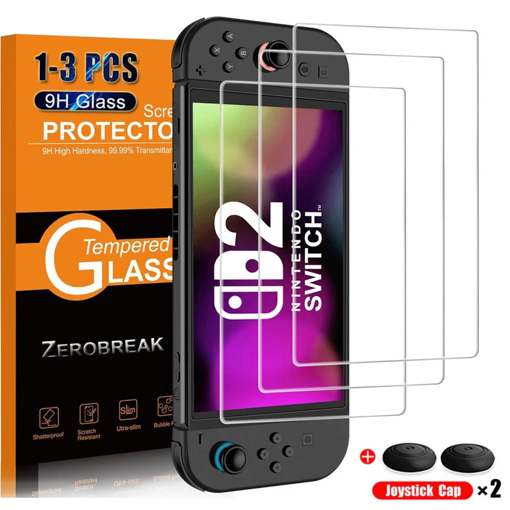 Nintendo Switch 2 Tempered Glass Screen Protector with Joystick Cap | Full Coverage Protection