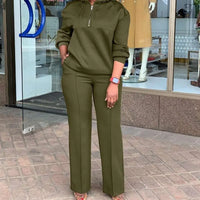 Olive Green Solid Color Loose Hooded Sweatsuit