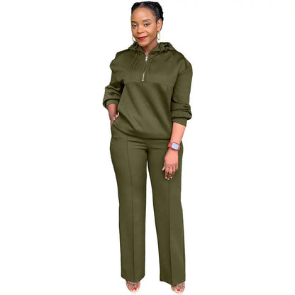 Olive Green Solid Color Loose Hooded Sweatsuit