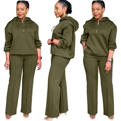 Olive Green Solid Color Loose Hooded Sweatsuit