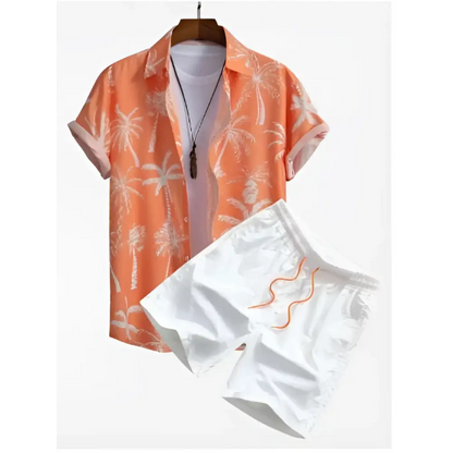 Orange Palm Print Short Sleeve Beach Shirt Suit